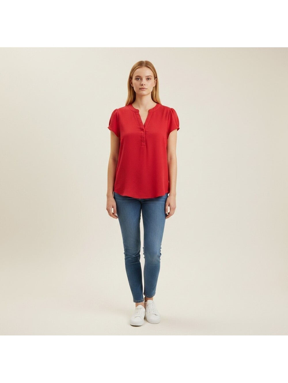 Unbranded Blouse Women M Medium Red V-Neck Button Short Sleeve Casual Solid